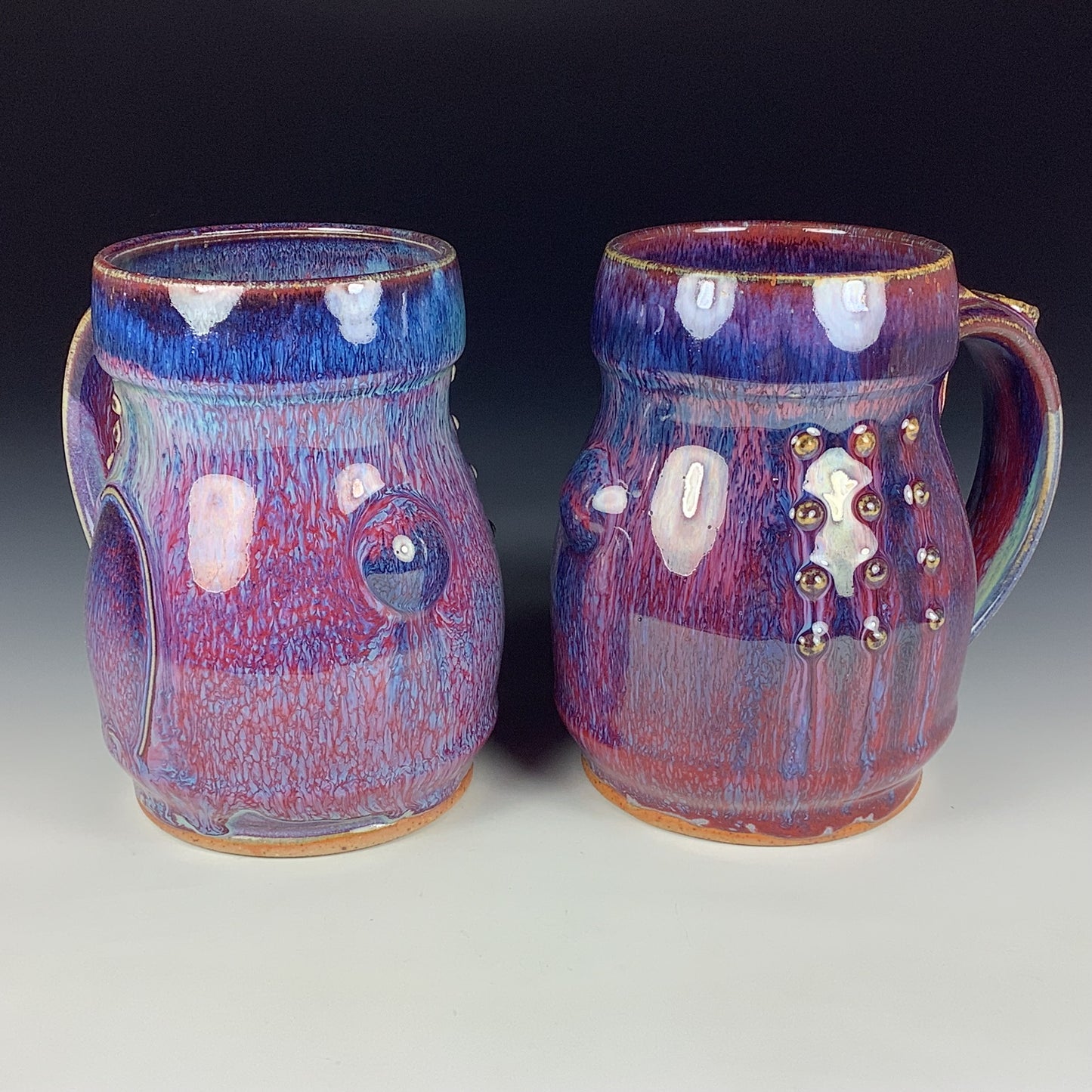 Handmade Ceramic Coffee Mug Set, Purple Red Glaze, Bamboo Bump Slip-Dotted Stoneware, Set of Two - Item 3946
