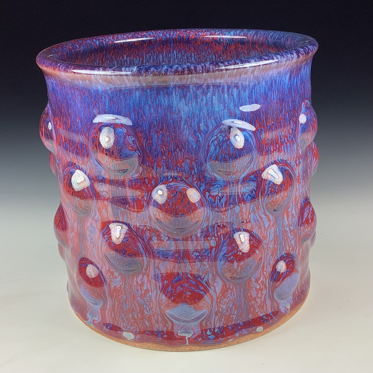 Handmade Stoneware Utensil Holder: Purple Red Glaze Bump Pottery Vase