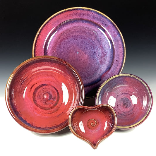 Handmade Stoneware Pottery Plate Setting - Purple Red Glaze