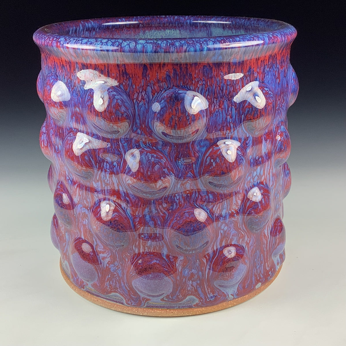 Handmade Stoneware Utensil Holder: Purple Red Glaze Bump Pottery Vase