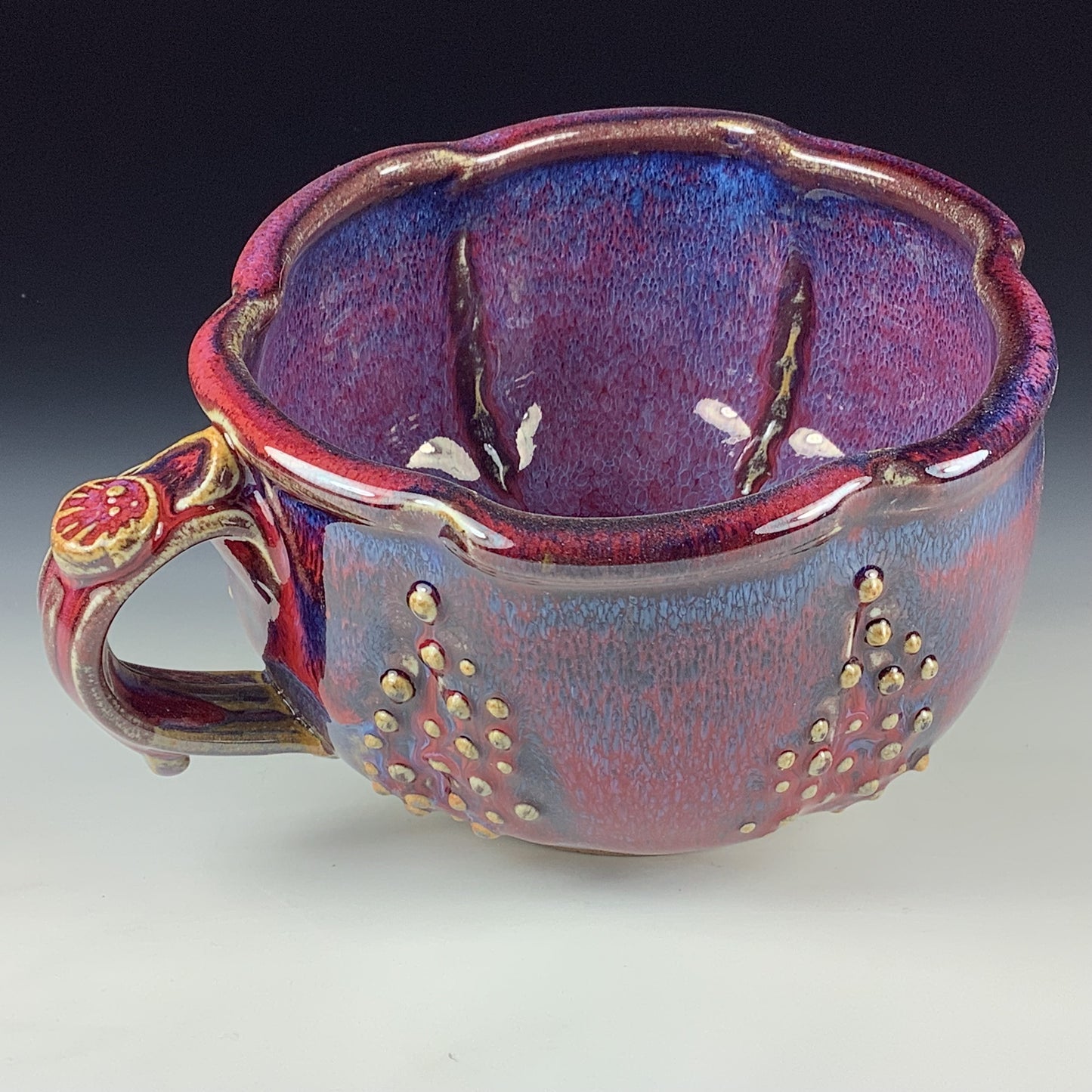 Handmade Ceramic Pottery Bowl with Handle, Slip Dotted Red Purple Glaze
