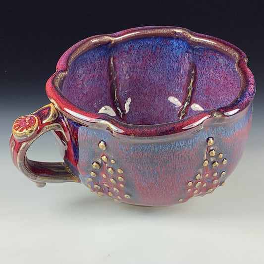 Handmade Ceramic Pottery Bowl with Handle, Slip Dotted Red Purple Glaze