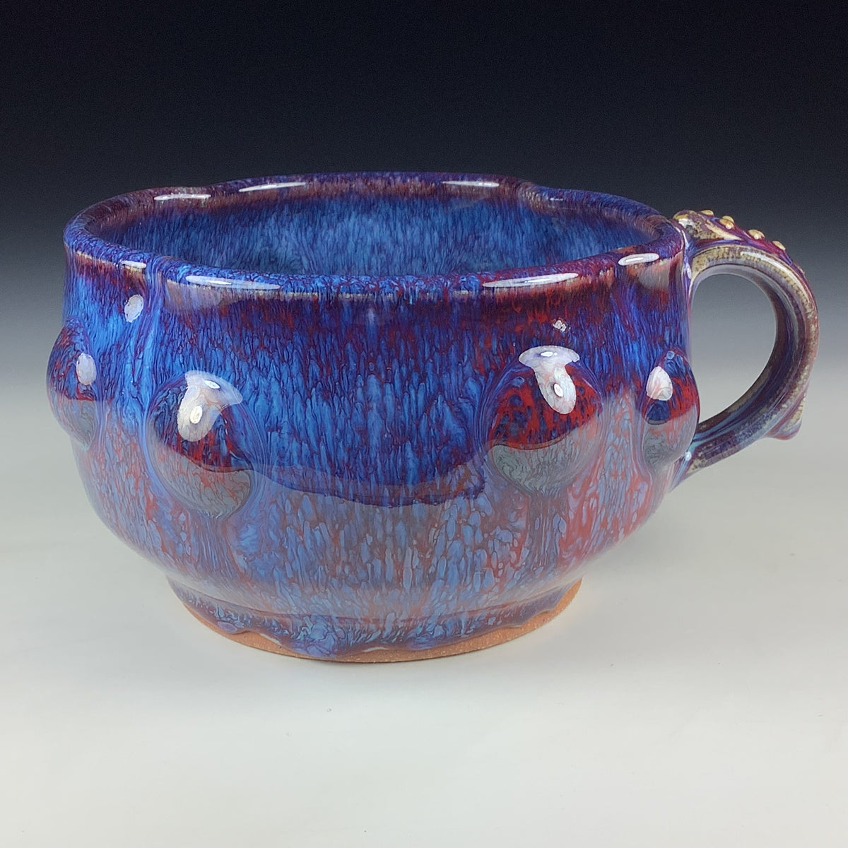 Handmade Ceramic Pottery Bowl with Handle, Red Purple Bump Glaze