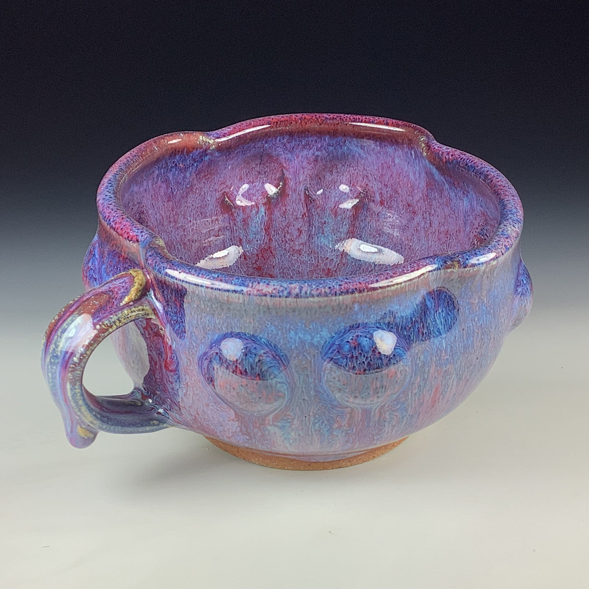 Handmade Ceramic Pottery Bowl with Handle, Red Purple Bump Glaze