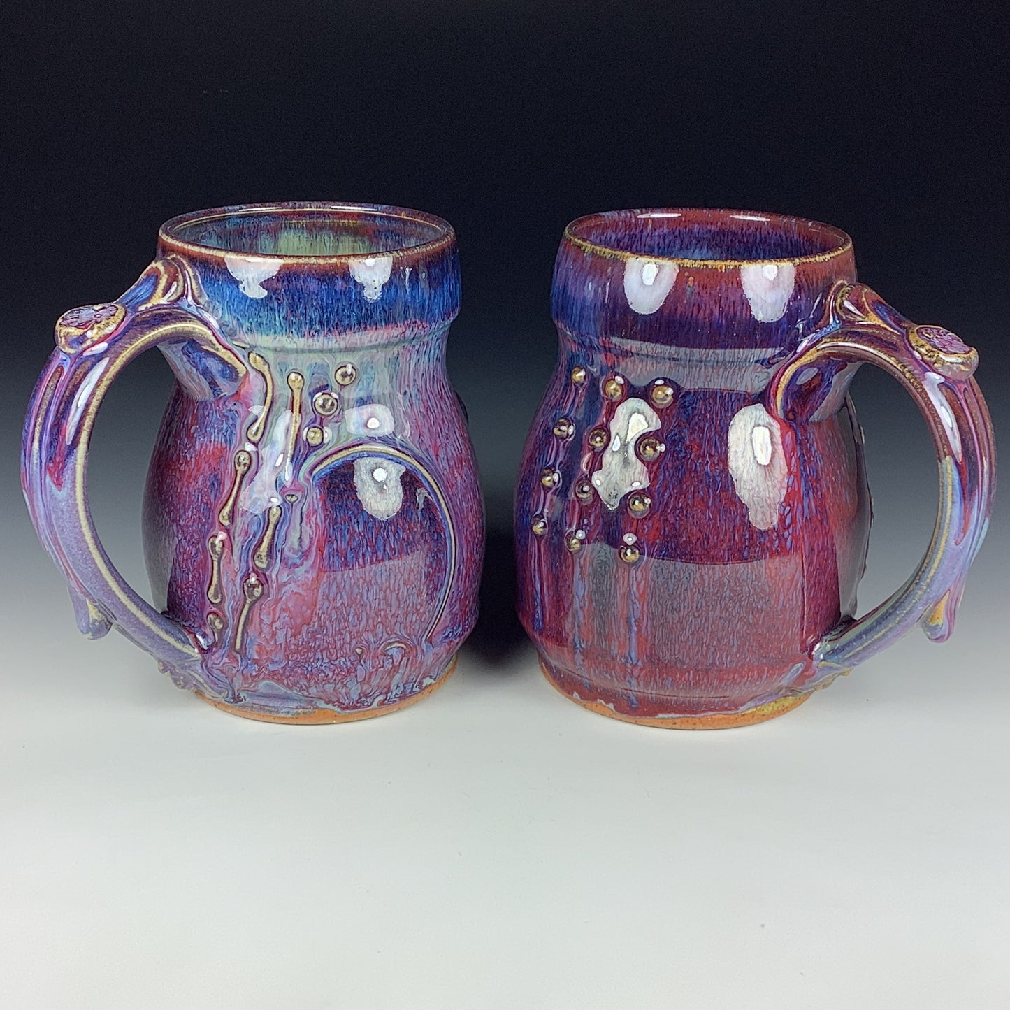 Handmade Ceramic Coffee Mug Set, Purple Red Glaze, Bamboo Bump Slip-Dotted Stoneware, Set of Two - Item 3946