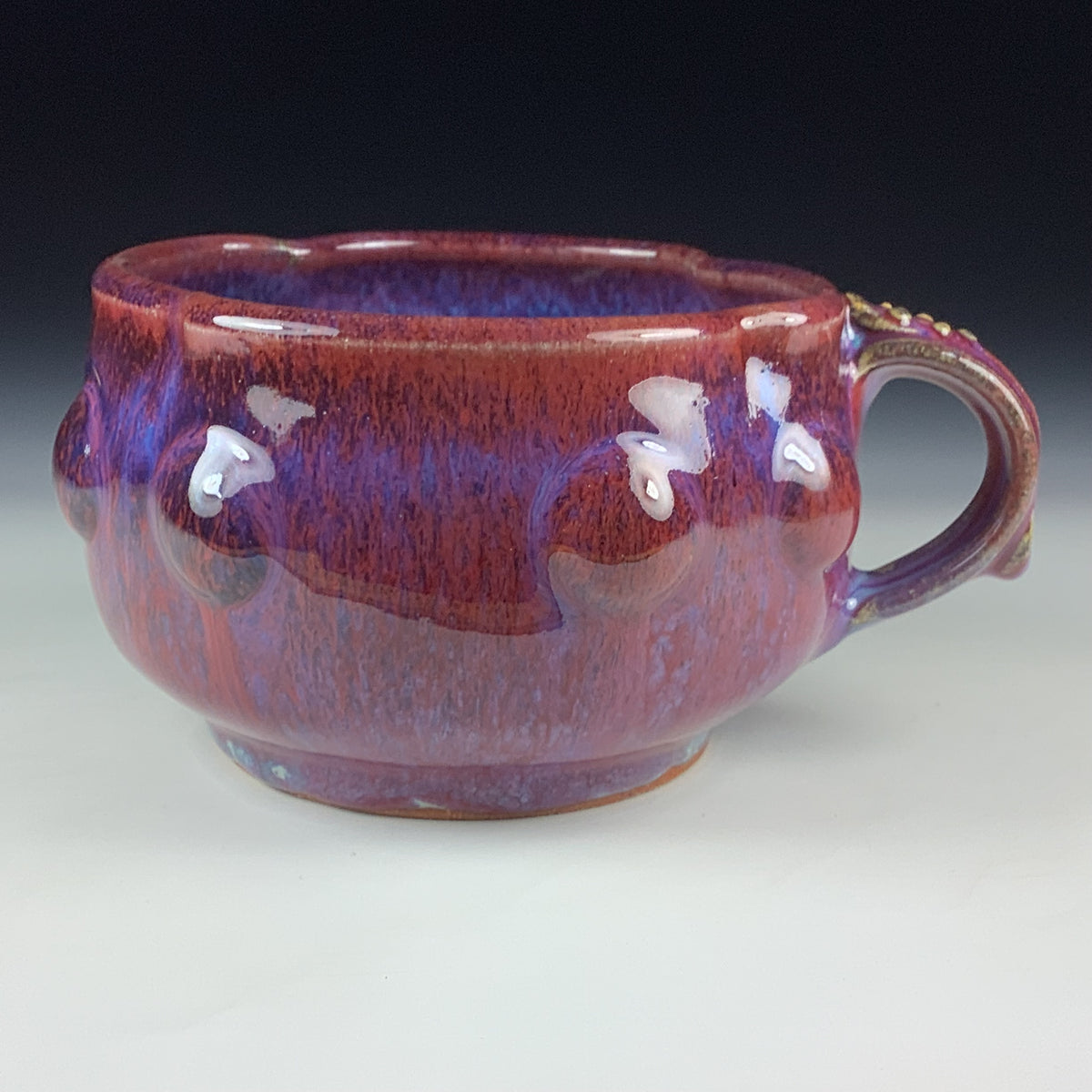 Handmade Ceramic Pottery Bowl with Handle, Red Purple Bump Glaze
