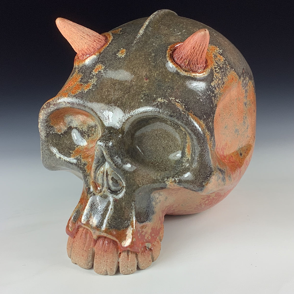 Handmade Shino Orange Ceramic Stoneware Pottery Skull