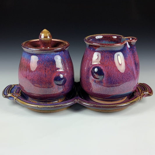 Handmade Stoneware pottery Cream & Sugar Set with Tray, Red Purple Bump Glaze - Item 4070