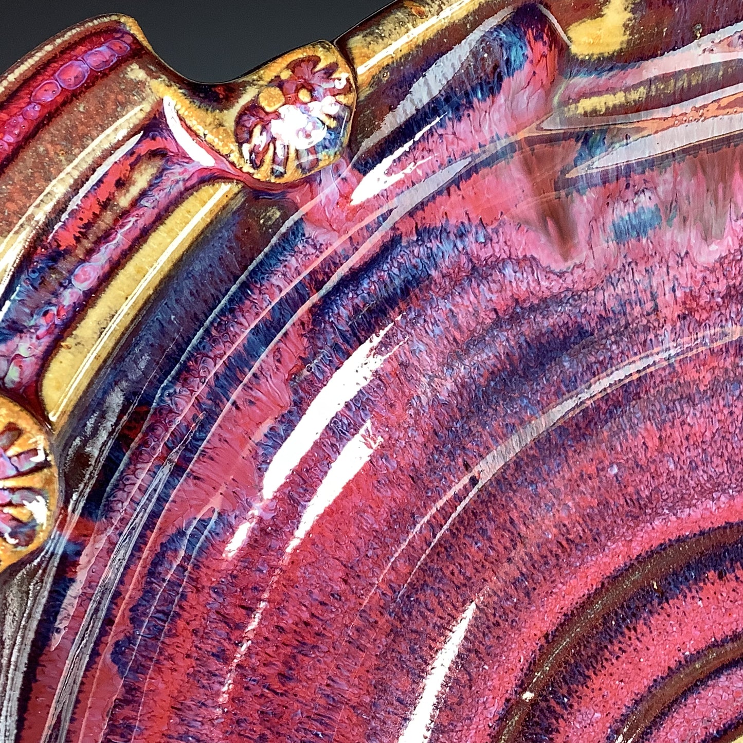 Handmade Stoneware Pottery Red Purple Glazed Serving Dish with Handles - Item 4078