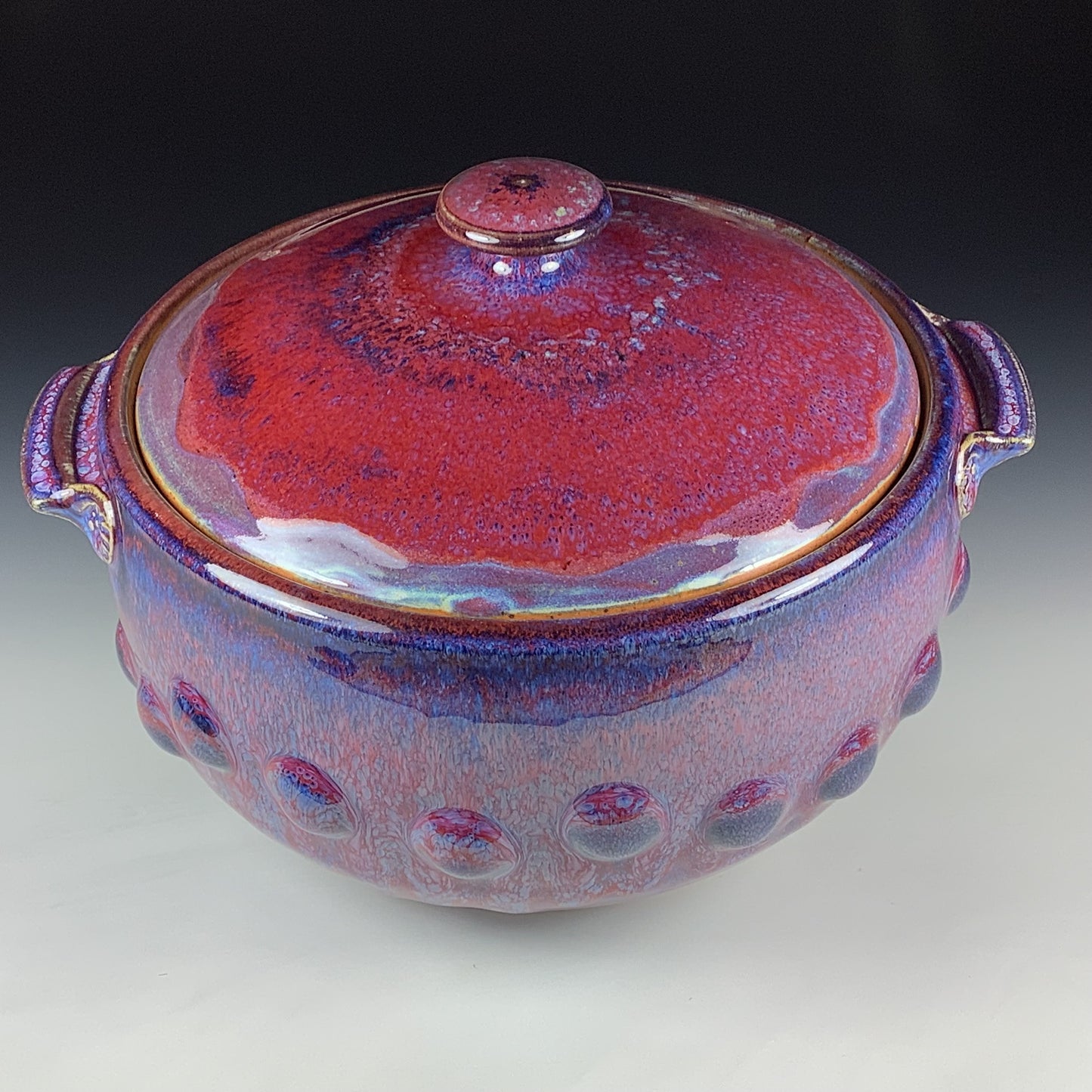 Handmade Stoneware Lidded Vessel: Red Purple Bump Jar - Item 4085