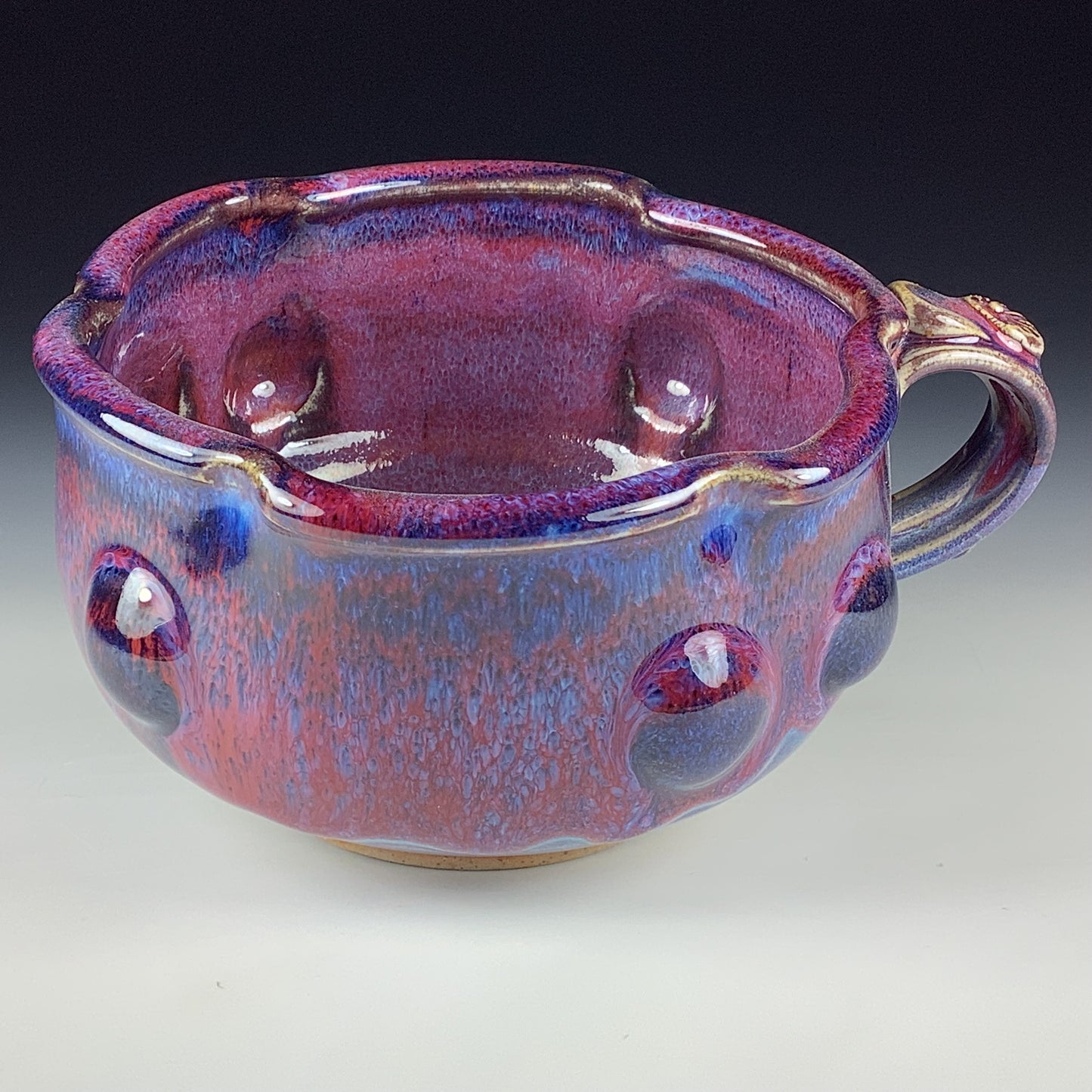 Handmade Ceramic Pottery Bowl with Handle, Red Purple Bump Glaze