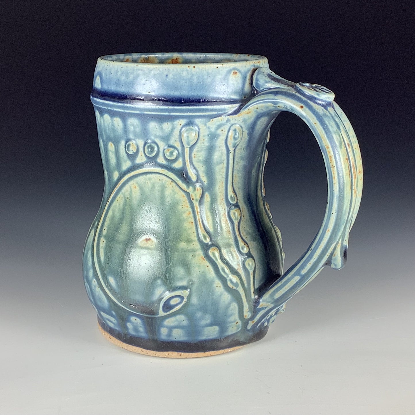 Handmade Stoneware Coffee Mug: Ash Blue Glaze, Slip-Dotted Bamboo