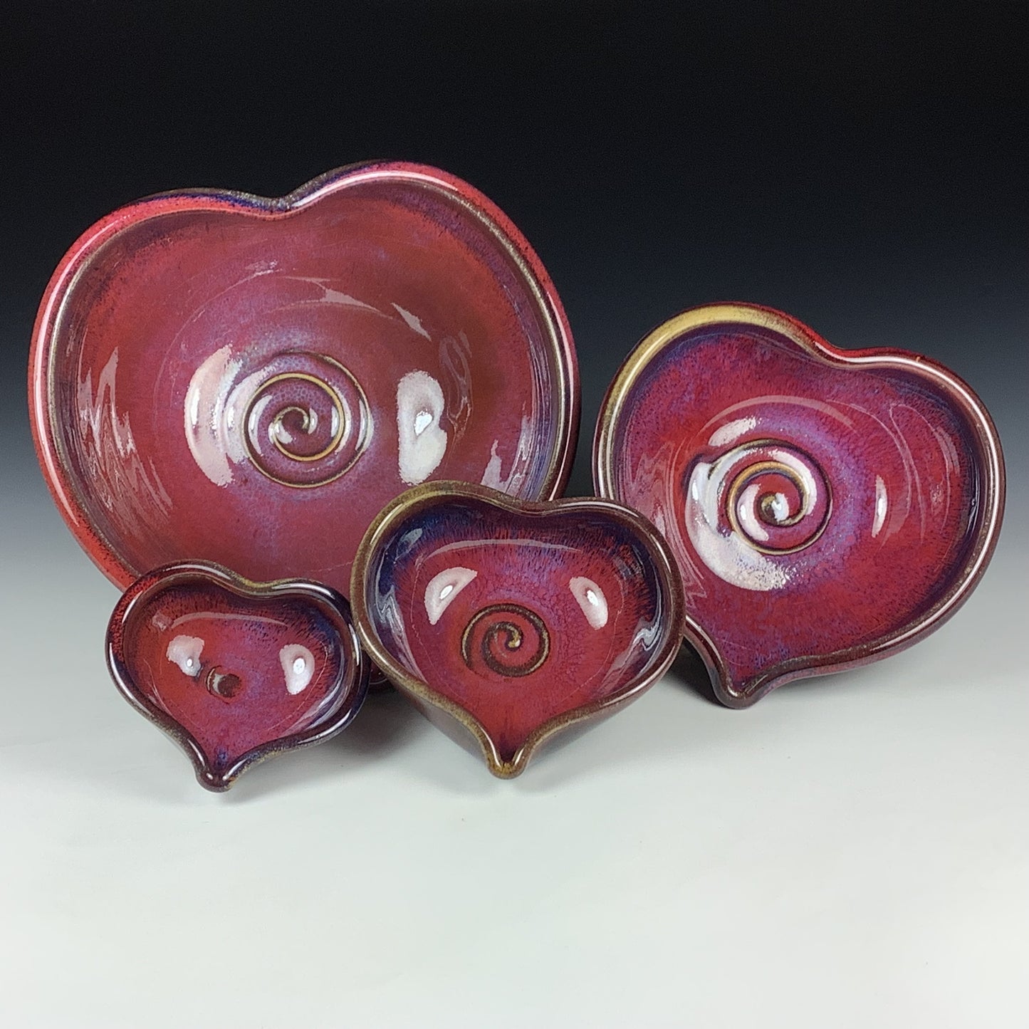 Handmade Ceramic Heart-Shaped Nesting Bowl Set of 4, Red Purple Glaze - Item 4016
