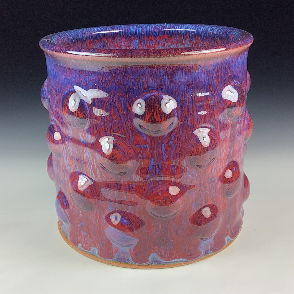 Handmade Stoneware Utensil Holder: Purple Red Glaze Bump Pottery Vase