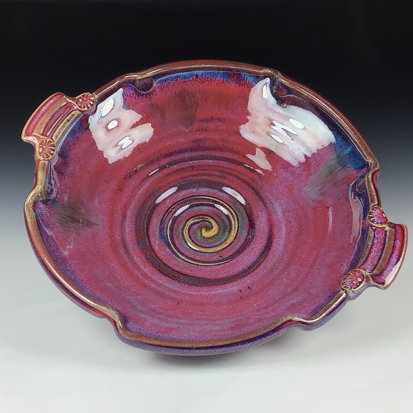 Handmade Stoneware Pottery Purple Red Glazed Serving Dish with Handles - Item 4074