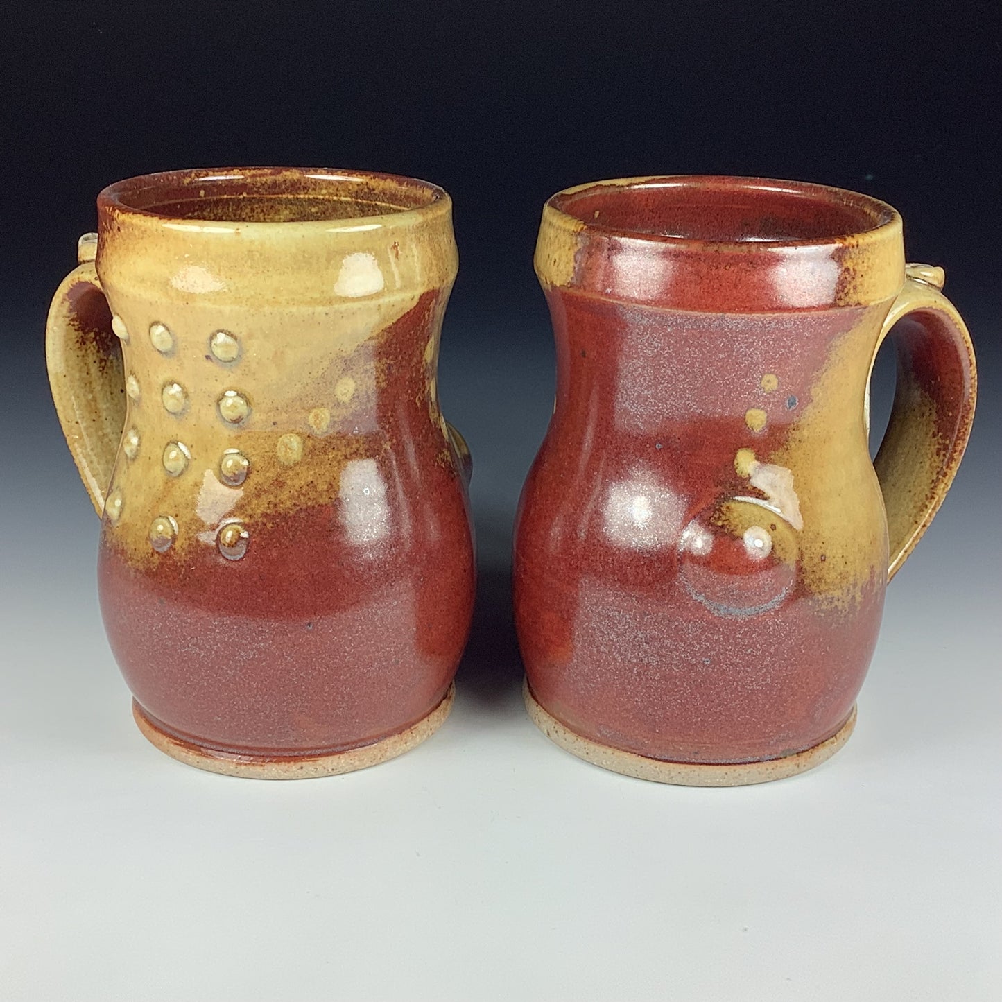 Handmade Ceramic Coffee Mug Set, Iron Red with White Ash Glaze, Bamboo Slip-Dotted Stoneware, Set of Two - Item 3945