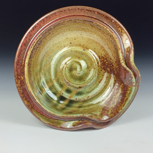 Handmade ceramic spoon rest stoneware pottery kitchenware - spiral spoon rest - Iron red with white ash item 3807