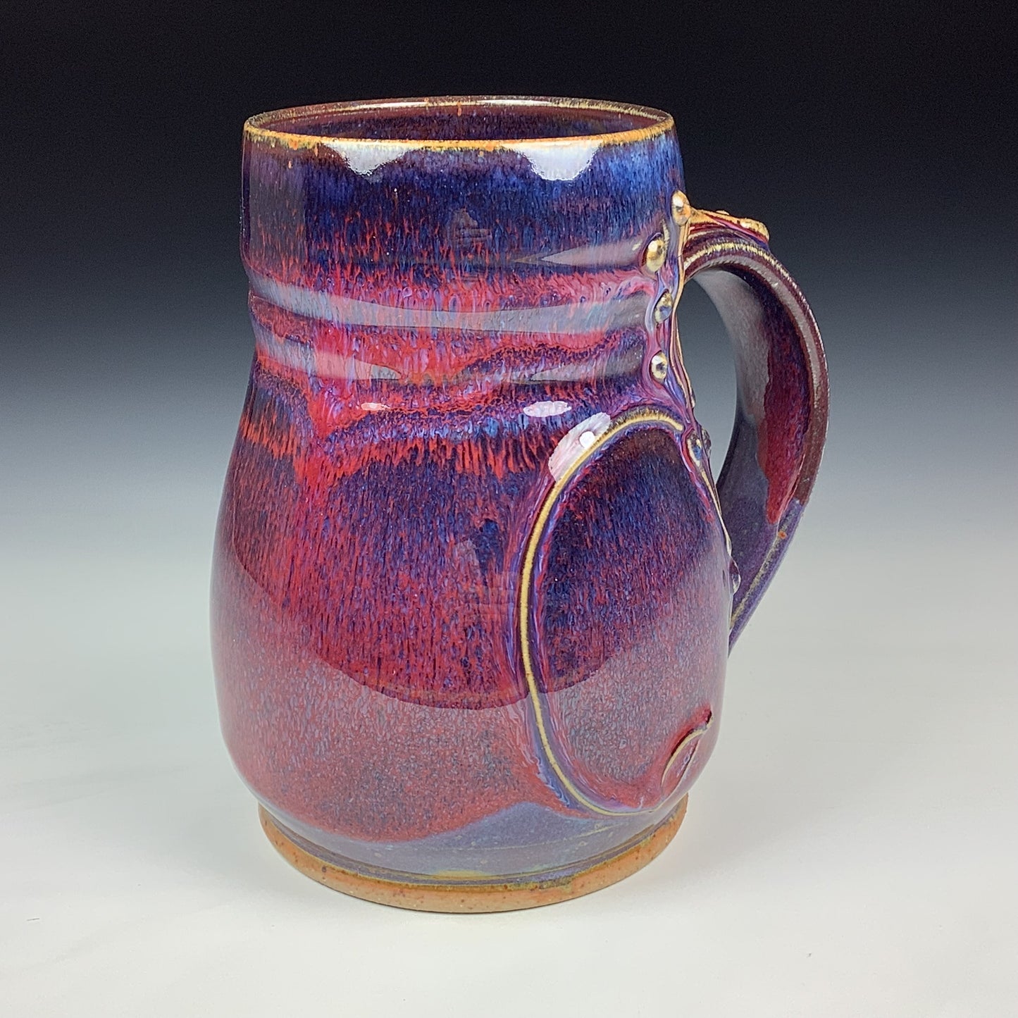 Handmade Stoneware Coffee Mug: Red Purple Glaze, Slip-Dotted Bamboo - Mug 3974