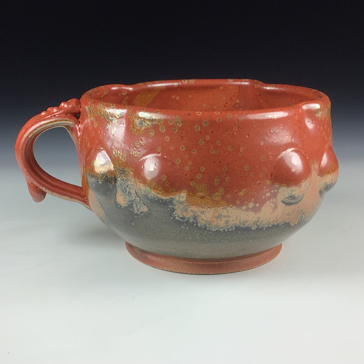 Handmade Ceramic Pottery Bowl with Handle, Orange Shino Bump Glaze