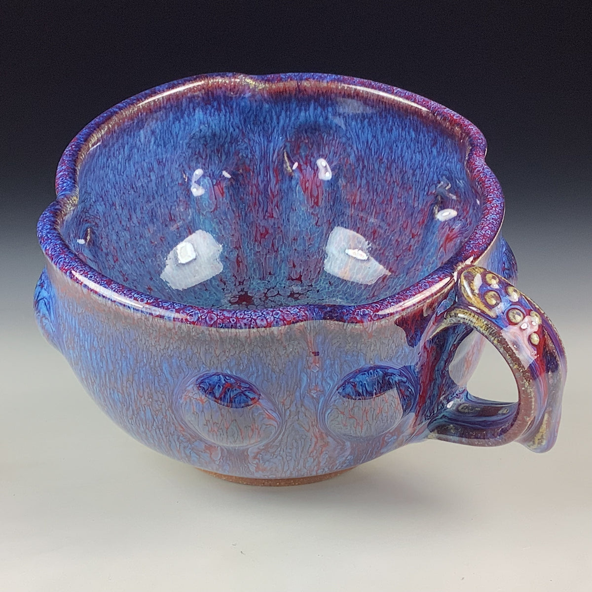 Handmade Ceramic Pottery Bowl with Handle, Red Purple Bump Glaze