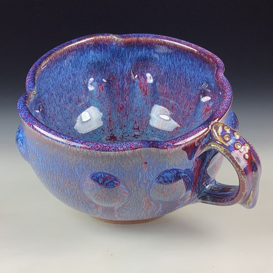 Handmade Ceramic Pottery Bowl with Handle, Red Purple Bump Glaze