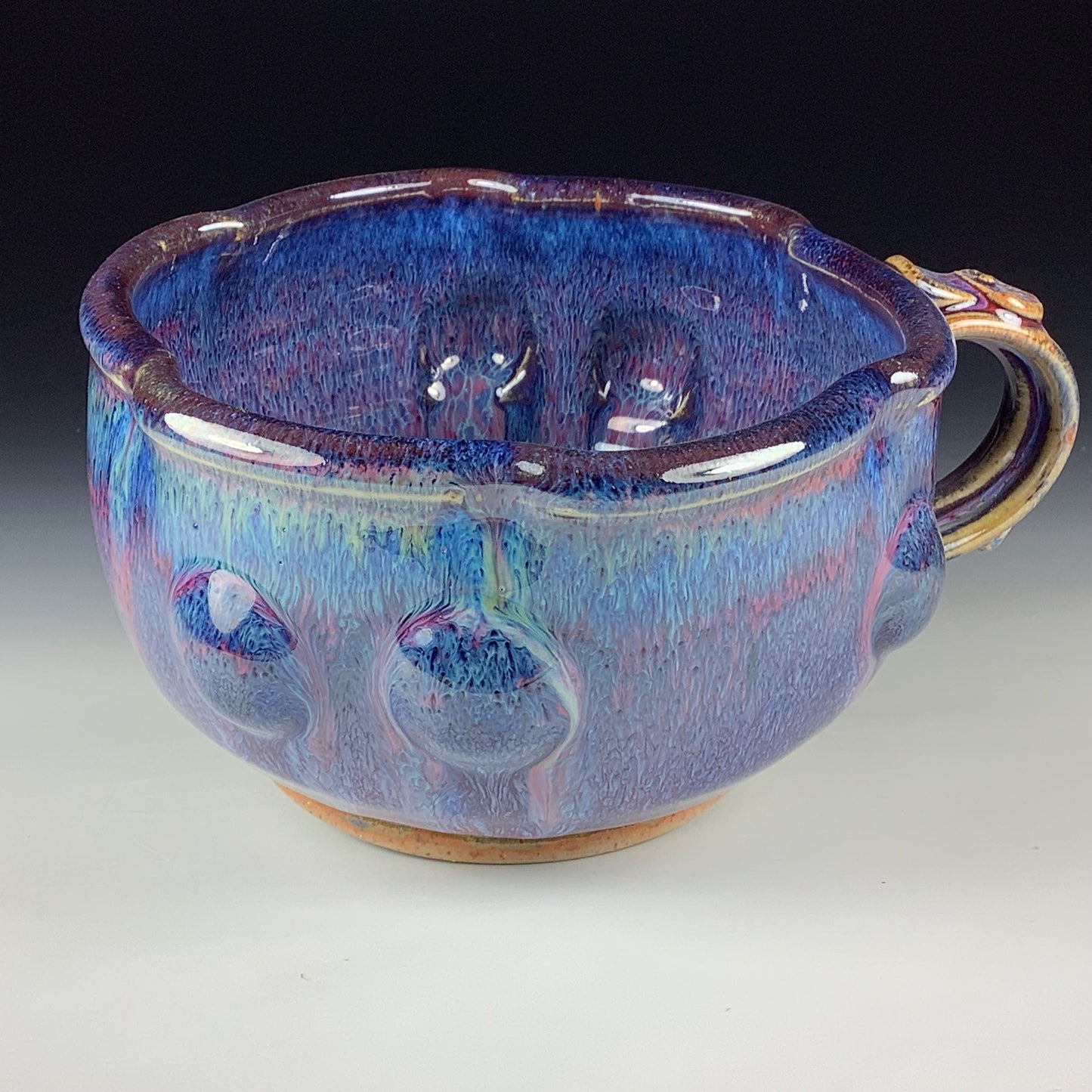 Handmade Ceramic Pottery Bowl with Handle, Red Purple Bump Glaze