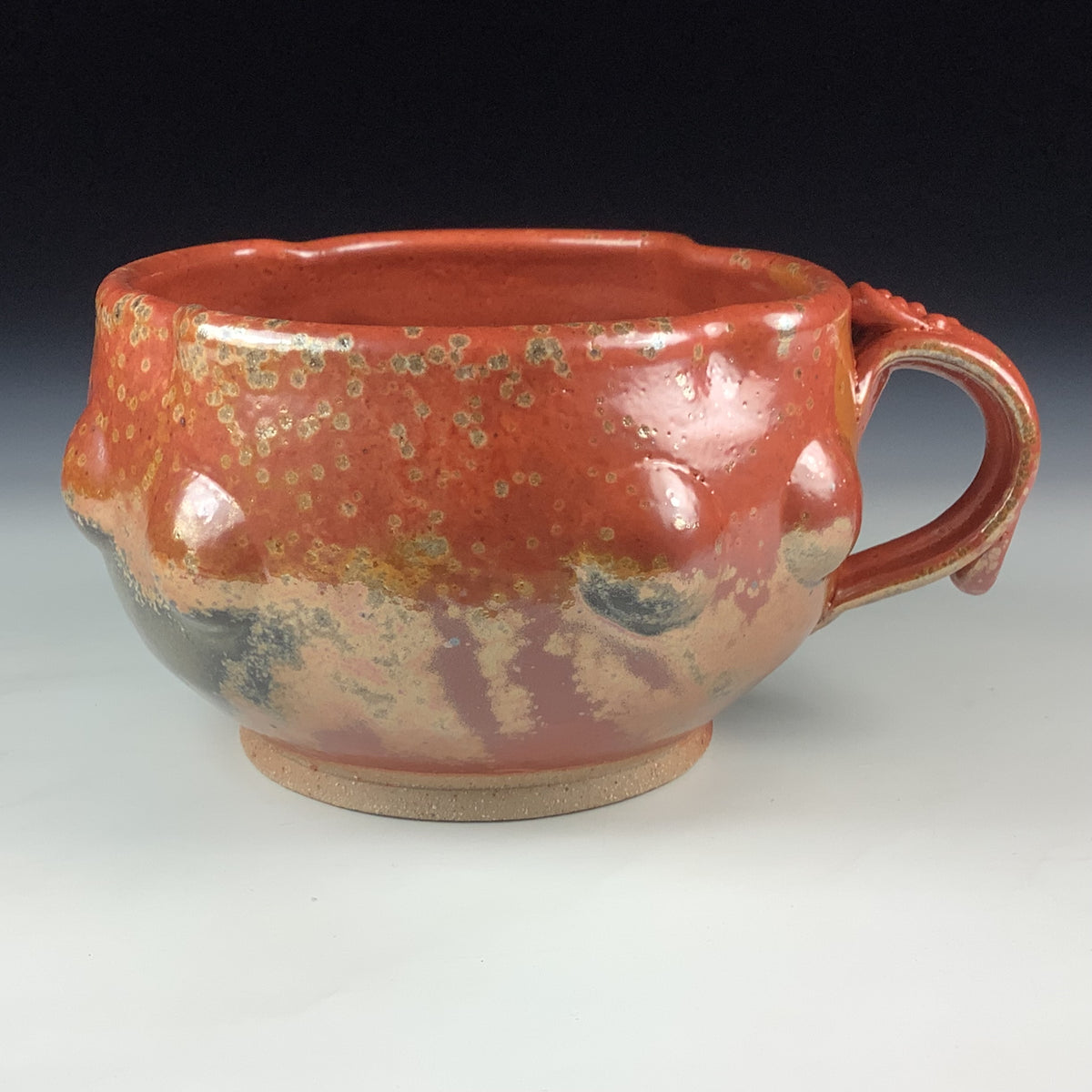 Handmade Ceramic Pottery Bowl with Handle, Orange Shino Bump Glaze