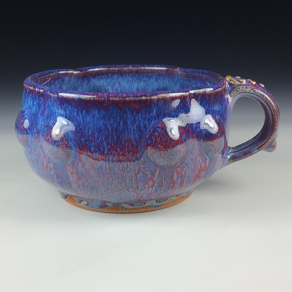 Handmade Ceramic Pottery Bowl with Handle, Red Purple Bump Glaze