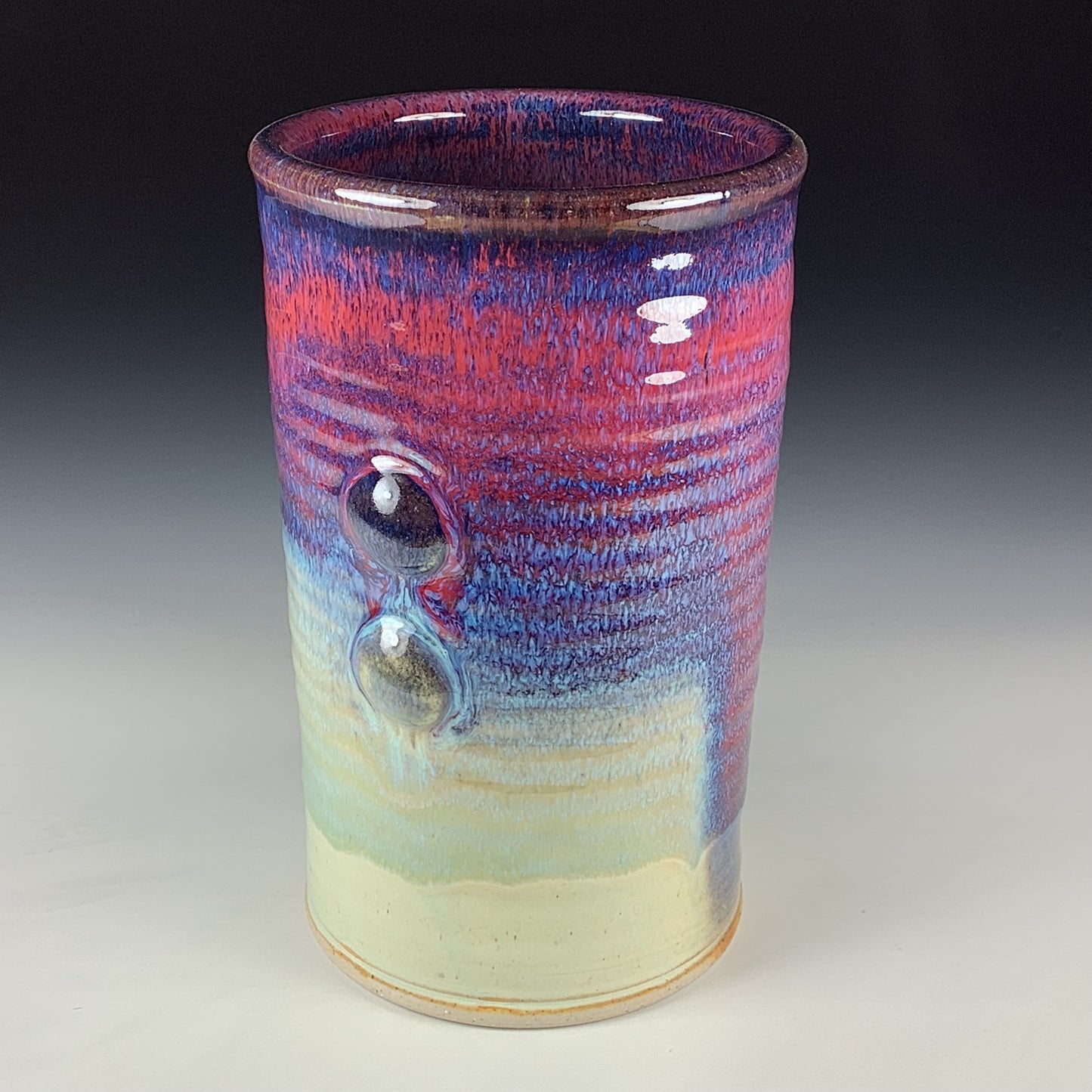Handmade Stoneware Utensil Holder: Purple Red Flashed Glaze Bump Pottery Vase - Item 4107