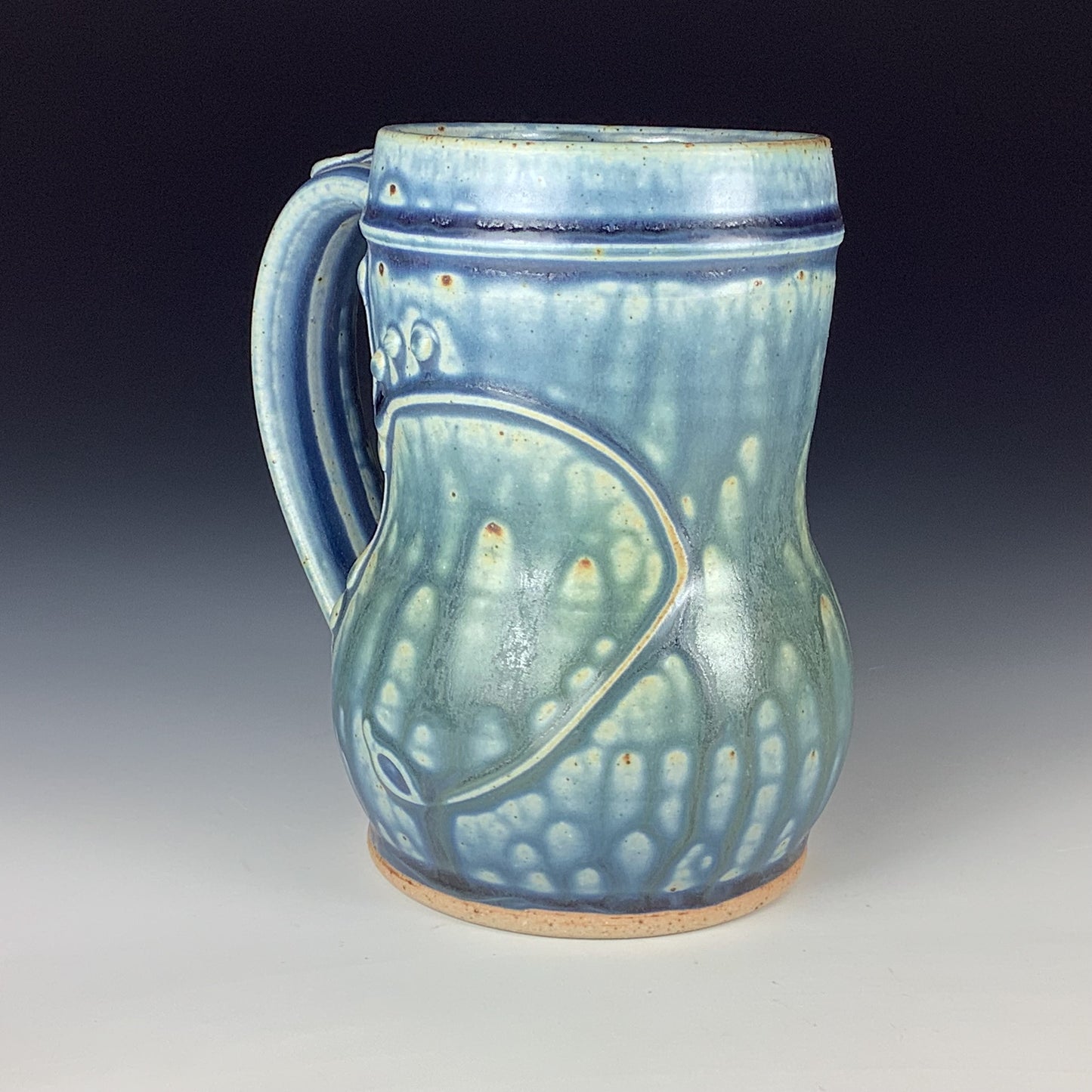Handmade Stoneware Coffee Mug: Ash Blue Glaze, Slip-Dotted Bamboo