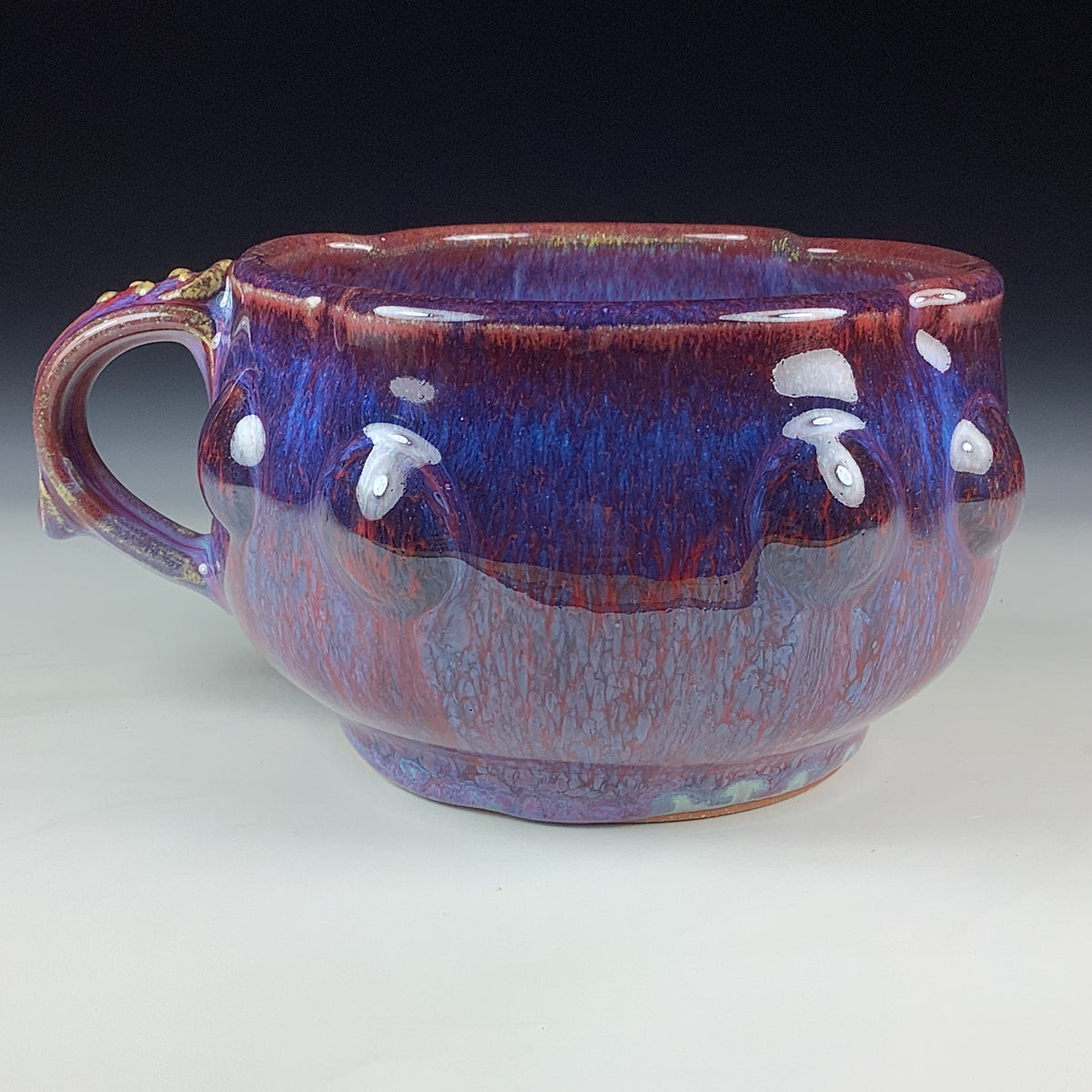 Handmade Ceramic Pottery Bowl with Handle, Red Purple Bump Glaze