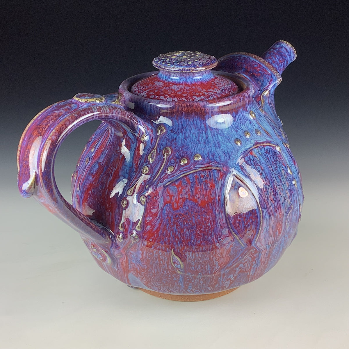 Handmade Ceramic Teapot: Purple Red Glaze, Slip Trailed Bamboo Stoneware