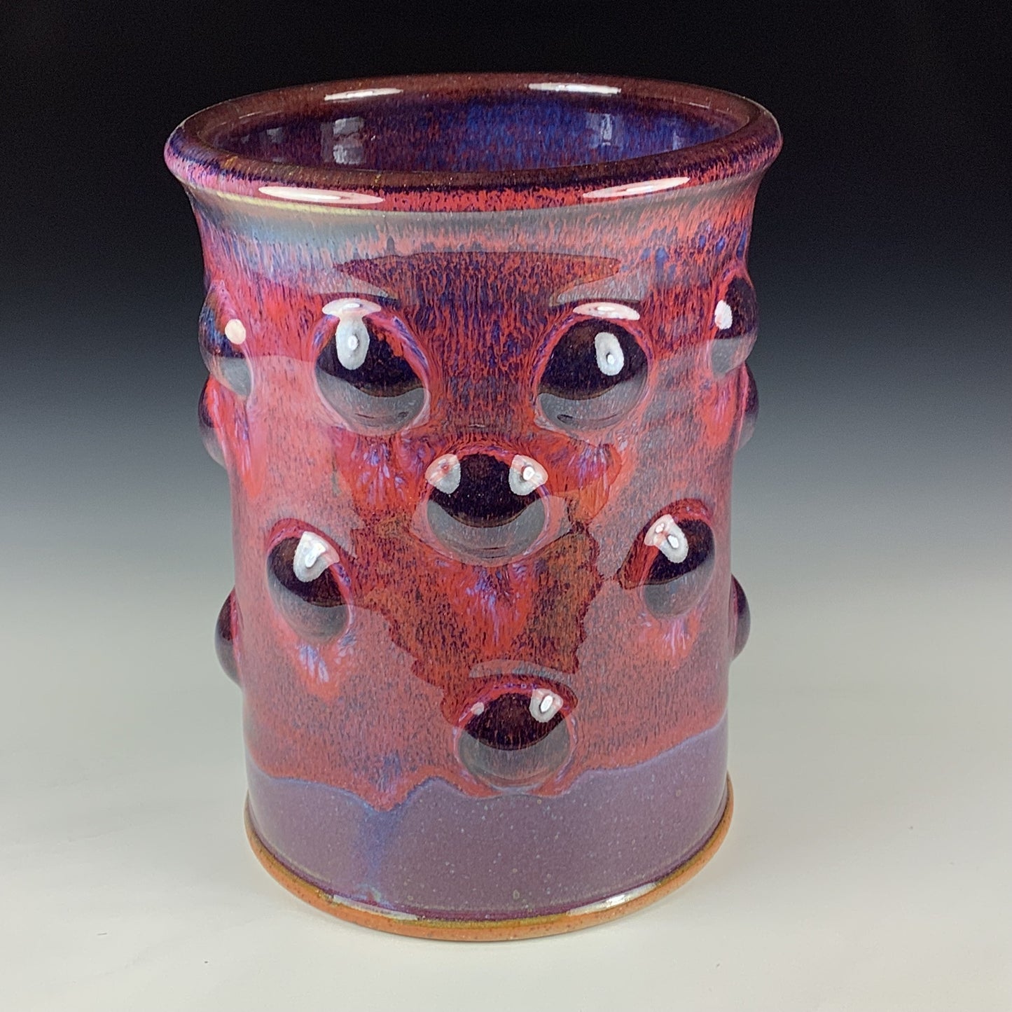Handmade Stoneware Utensil Holder: Purple Red Glaze Bump Pottery Vase - Item 4100