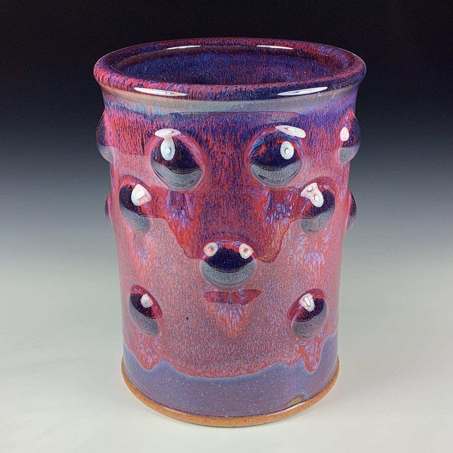 Handmade Stoneware Utensil Holder: Purple Red Glaze Bump Pottery Vase - Item 4098