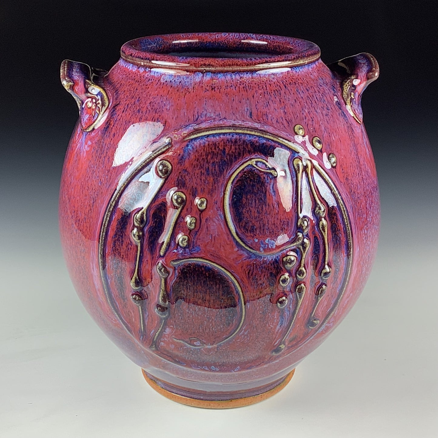 Handmade Stoneware Pottery Slip Trail Bamboo Purple Red Glaze Vase - Item 4095