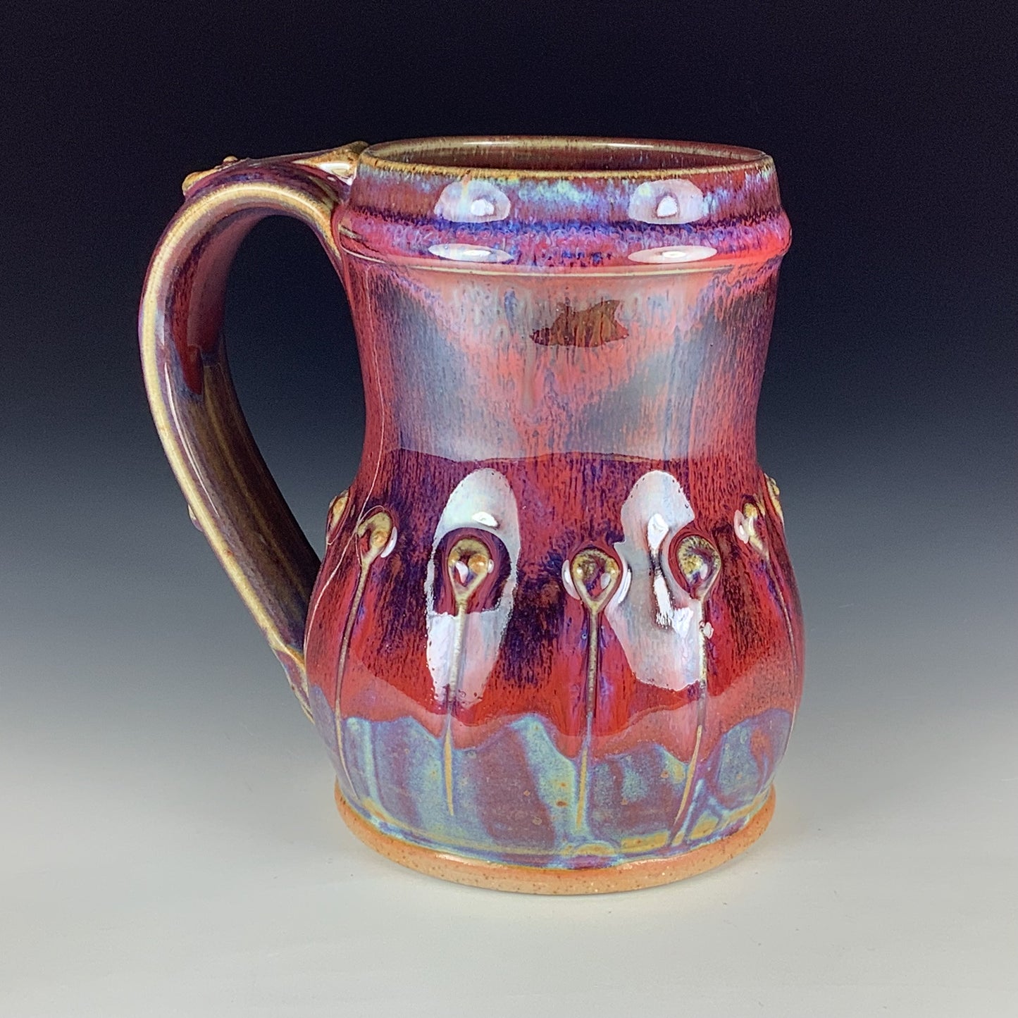 Handmade Stoneware Coffee Mug: Red Purple Glaze, Slip-Dotted