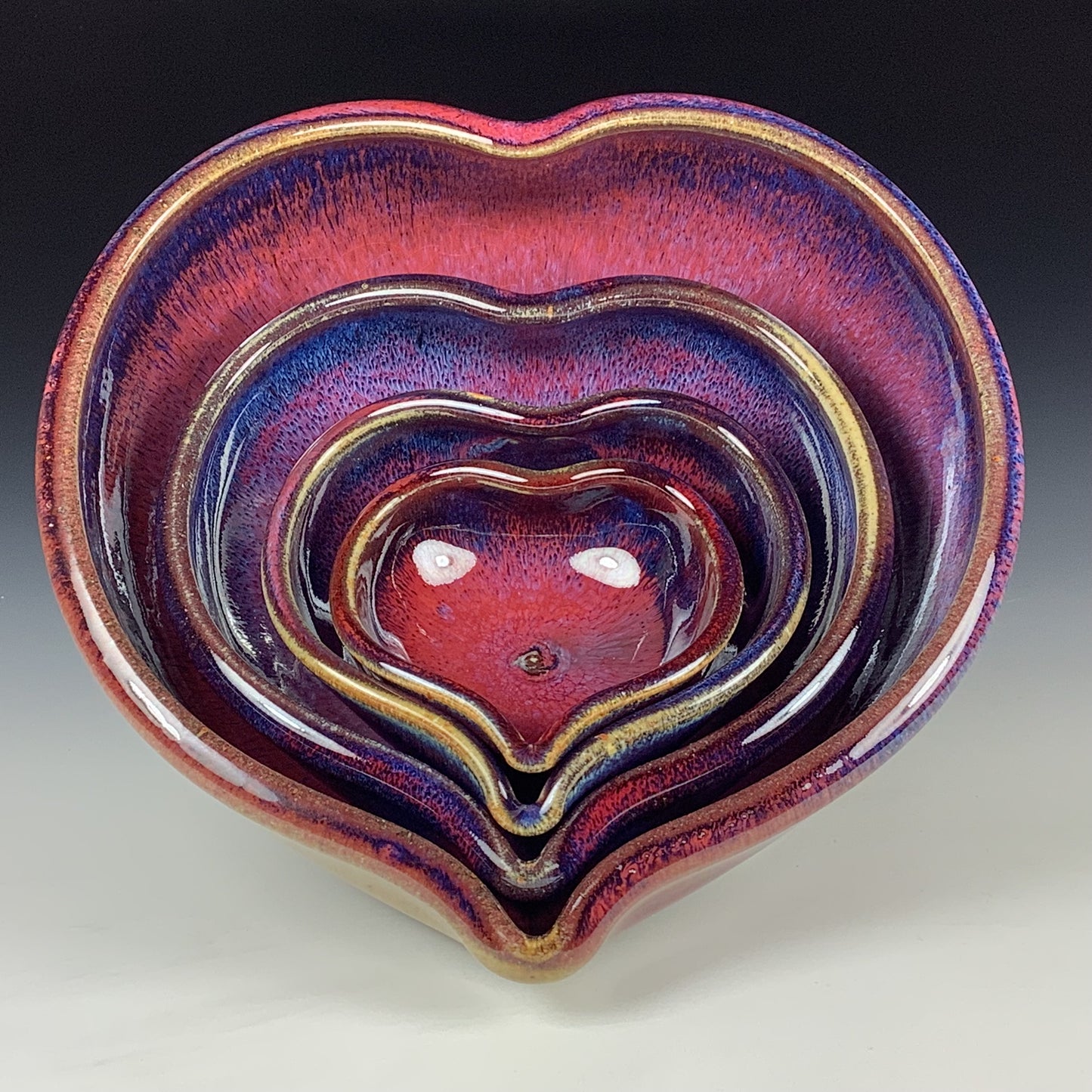 Handmade Ceramic Heart-Shaped Nesting Bowl Set of 4, Red Purple Glaze - Item 4019