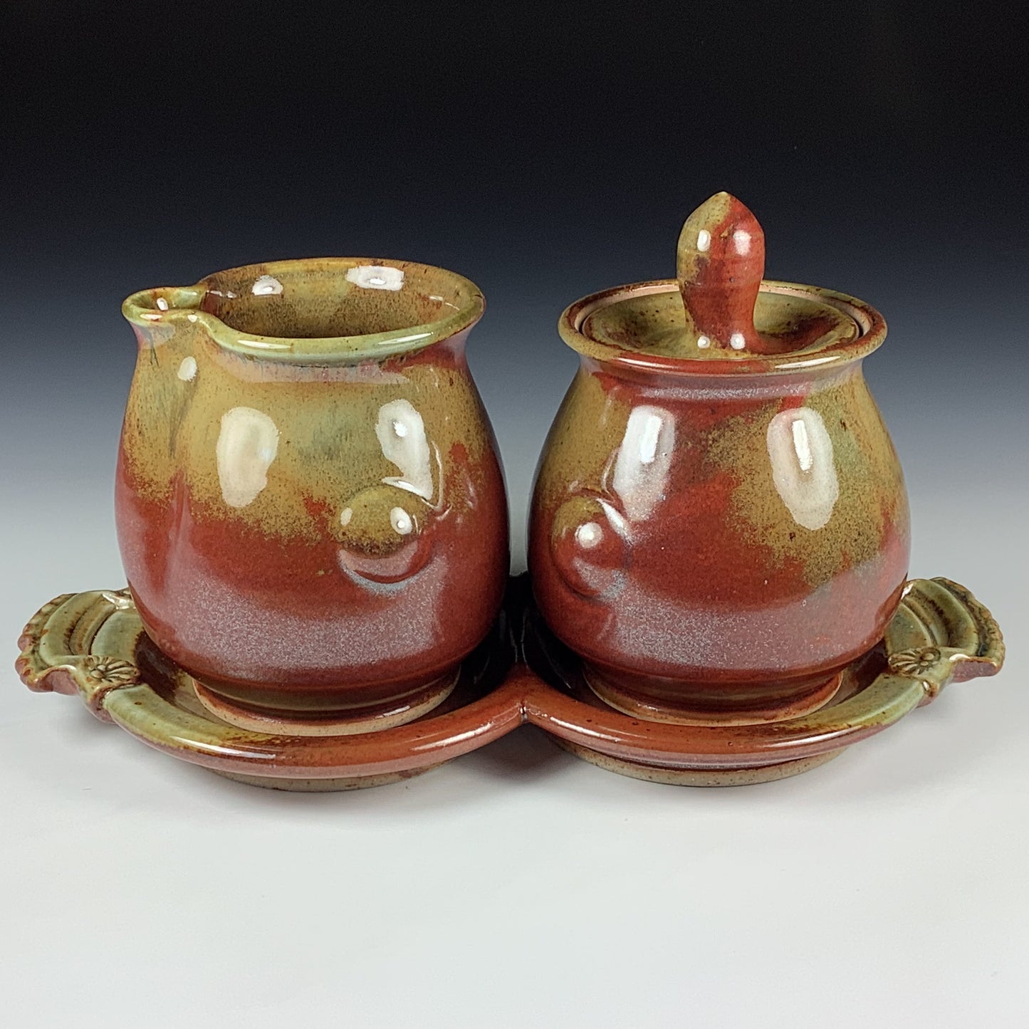 Handmade Stoneware pottery Cream & Sugar Set with Tray, Iron Red with White Ash Glaze - Item 4071