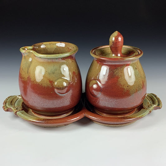 Handmade Stoneware pottery Cream & Sugar Set with Tray, Iron Red with White Ash Glaze - Item 4071