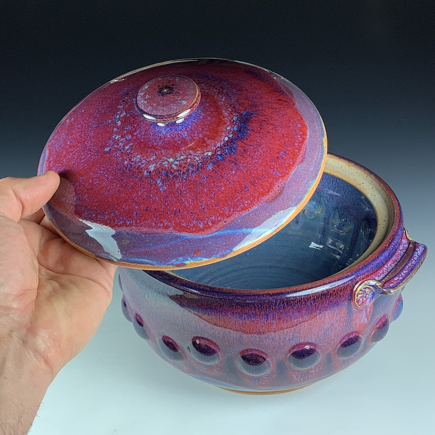 Handmade Stoneware Lidded Vessel: Red Purple Bump Jar - Item 4085