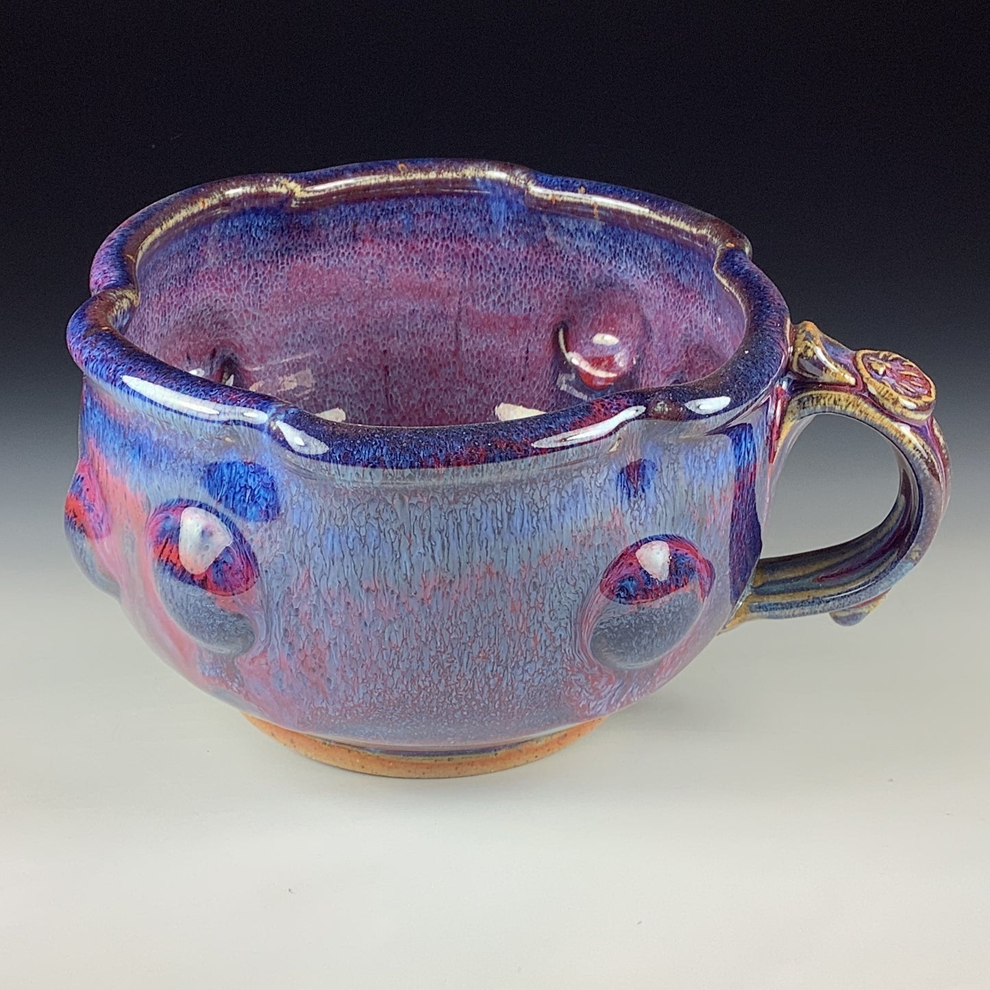 Handmade Ceramic Pottery Bowl with Handle, Red Purple Bump Glaze