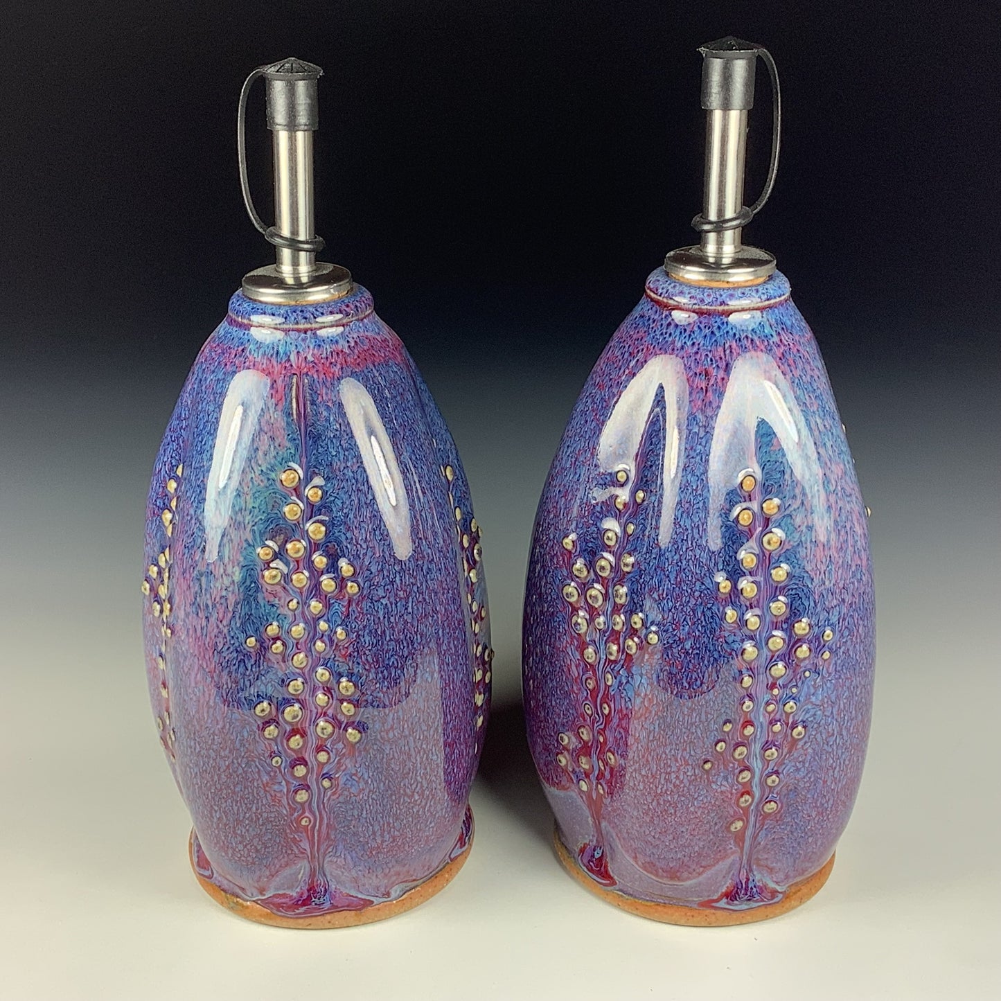 Handmade Ceramic Olive Oil Dispensers, Set of Two: Purple Red Slip Dotted Stoneware Cruet - Item 3953