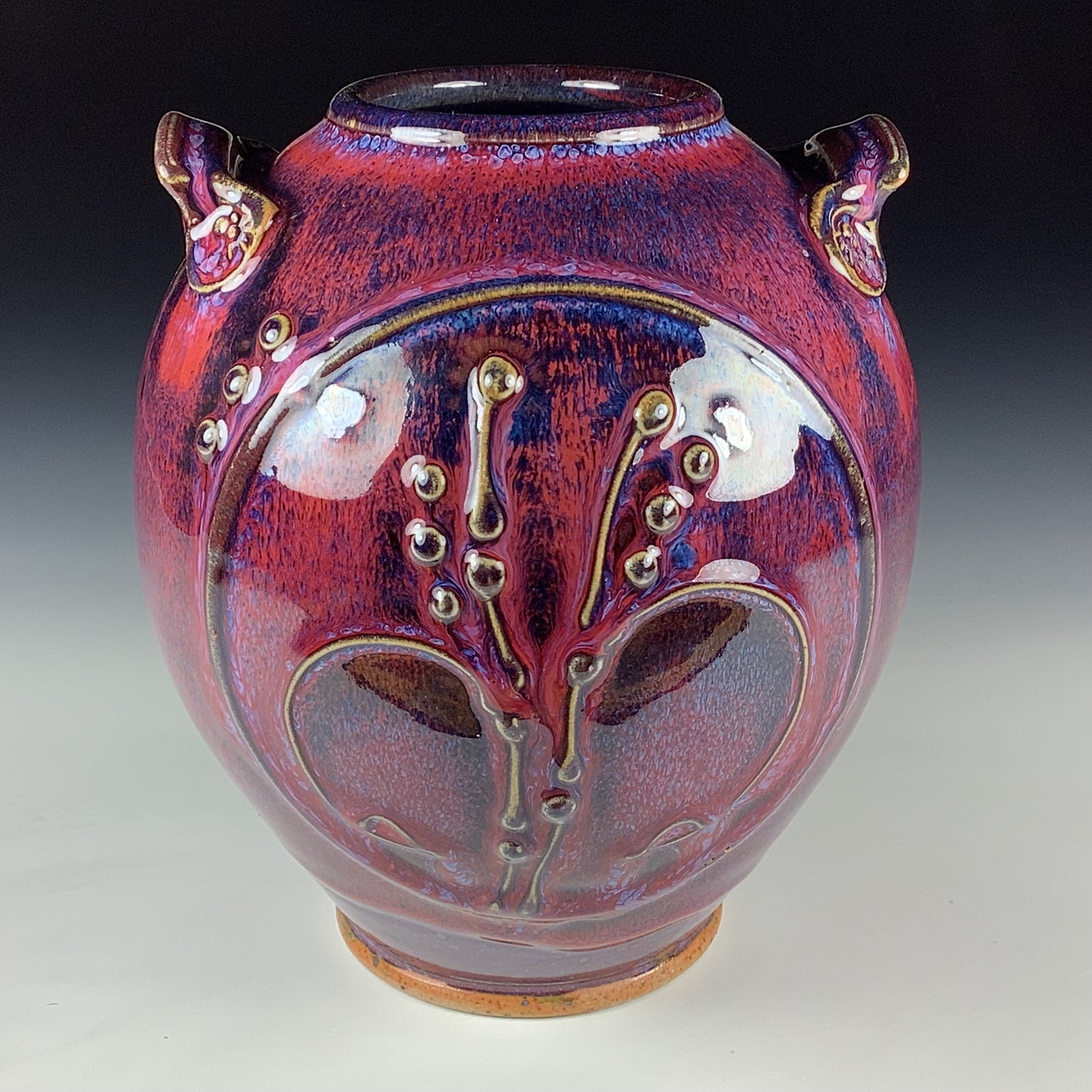Handmade Stoneware Pottery Slip Trail Bamboo Purple Red Glaze Vase - Item 4092