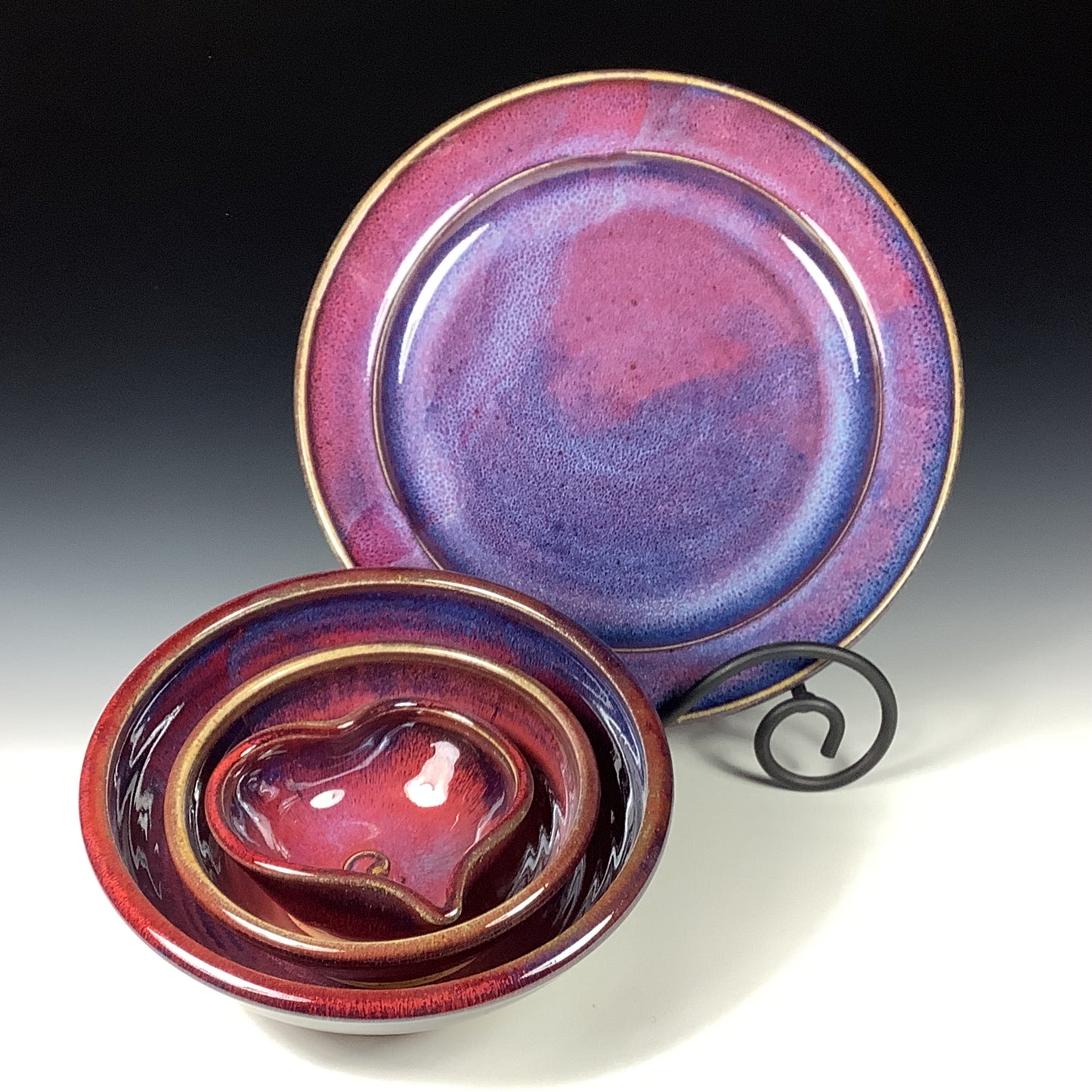 Handmade Stoneware Pottery Plate Setting - Purple Red Glaze