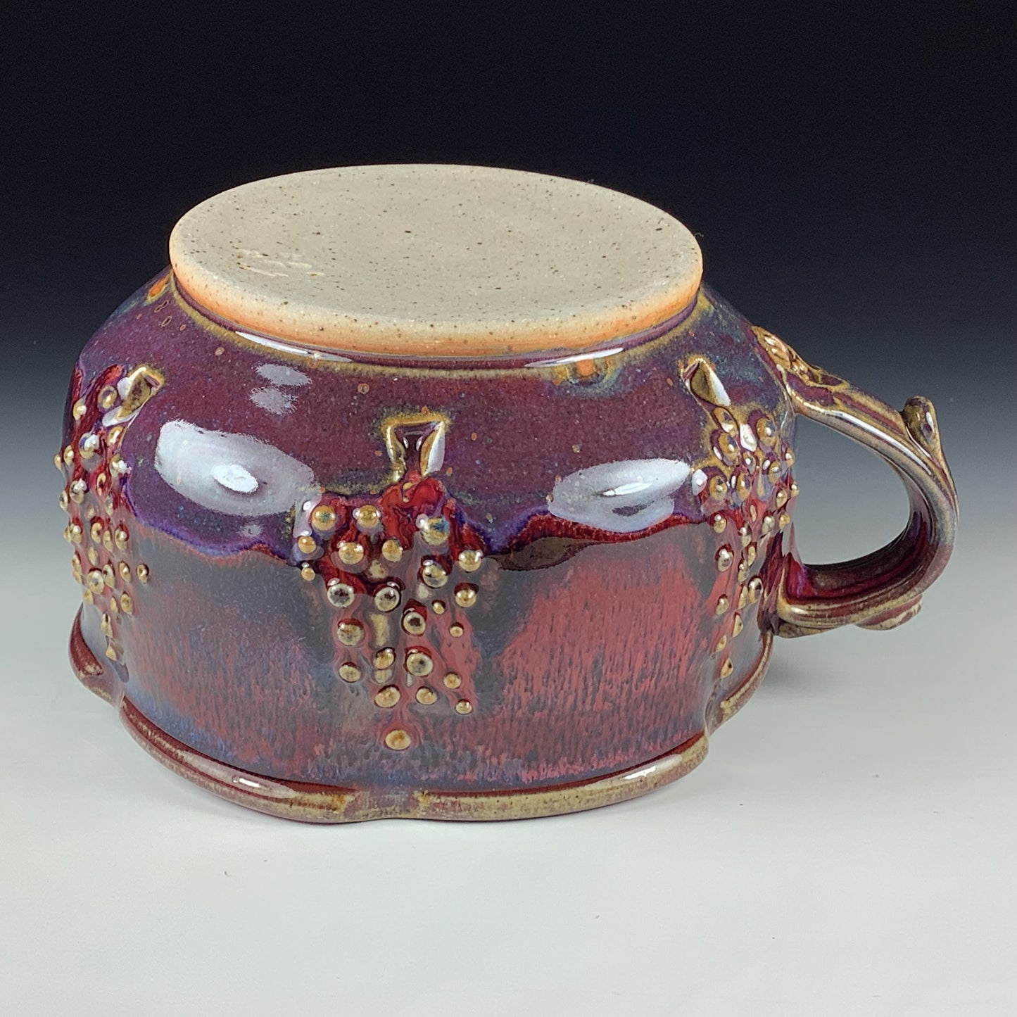 Handmade Ceramic Pottery Bowl with Handle, Slip Dotted Red Purple Glaze