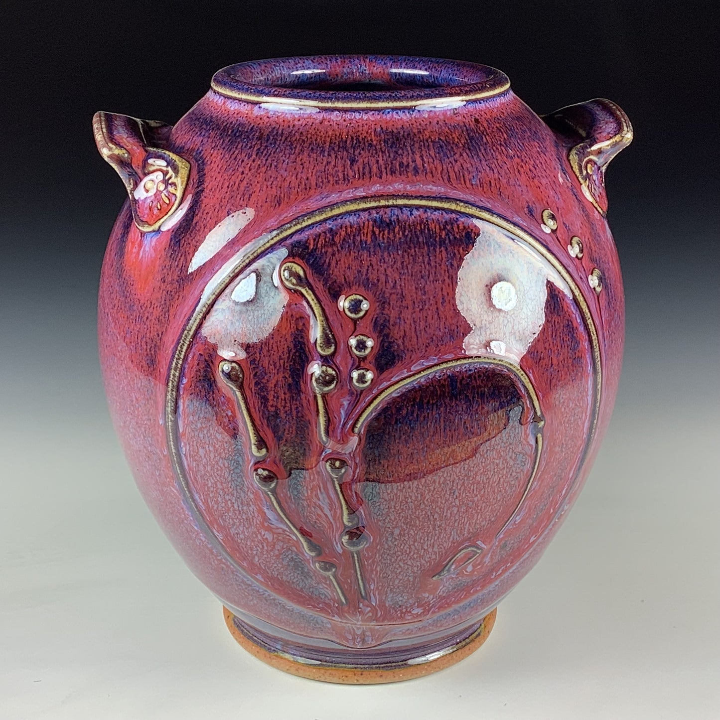 Handmade Stoneware Pottery Slip Trail Bamboo Purple Red Glaze Vase - Item 4090