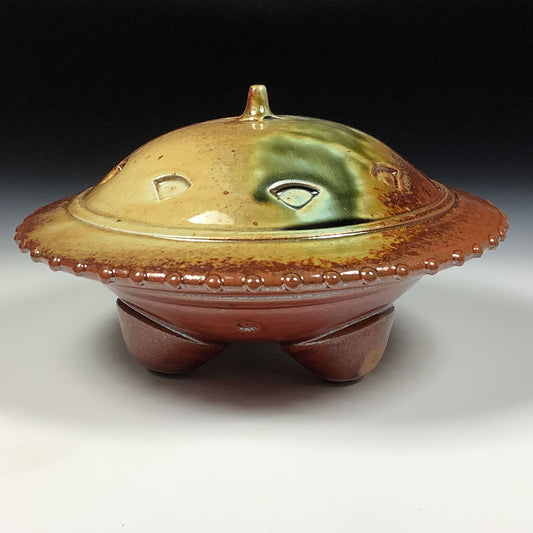 Handmade stoneware art abstract ceramic sculptures pottery decoration UFO - Red wheel thrown enclosed form altered sculpture - item 3823