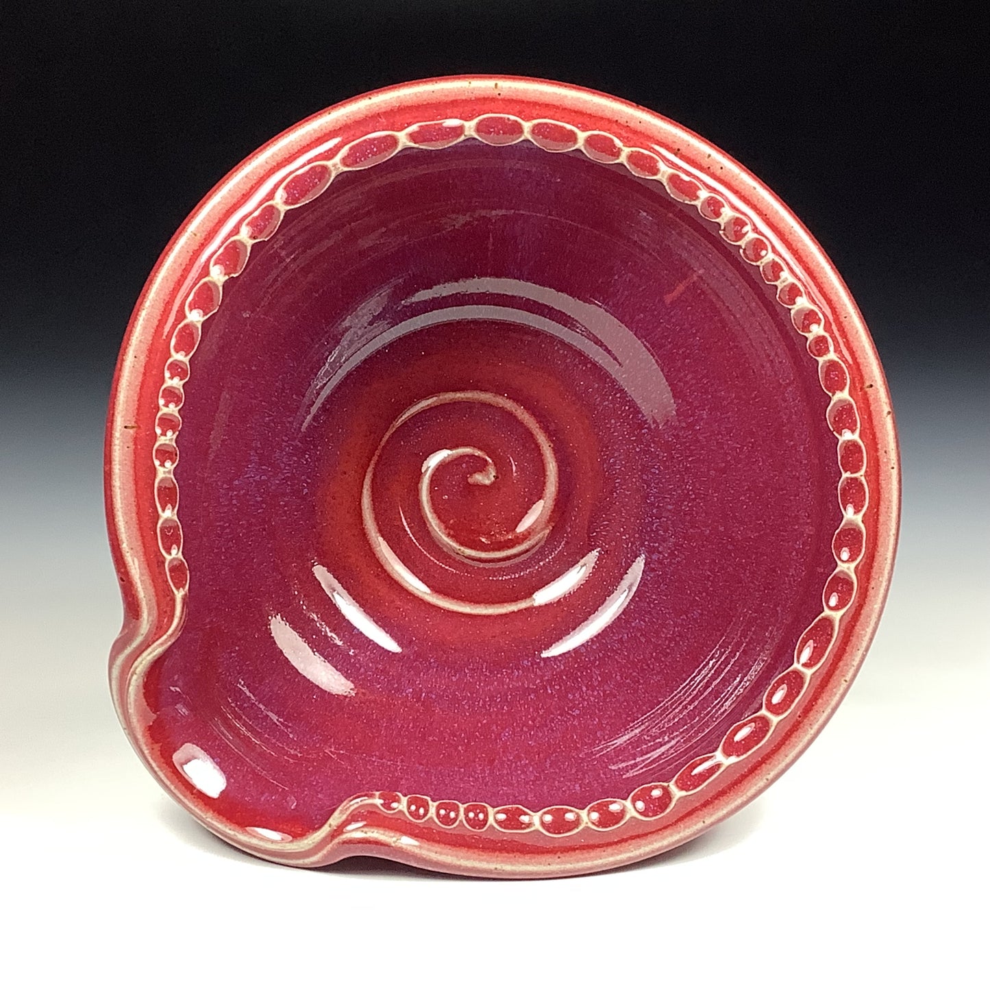 Handmade ceramic deep spoon rest stoneware pottery kitchenware - Deep red dotted rim item 3868