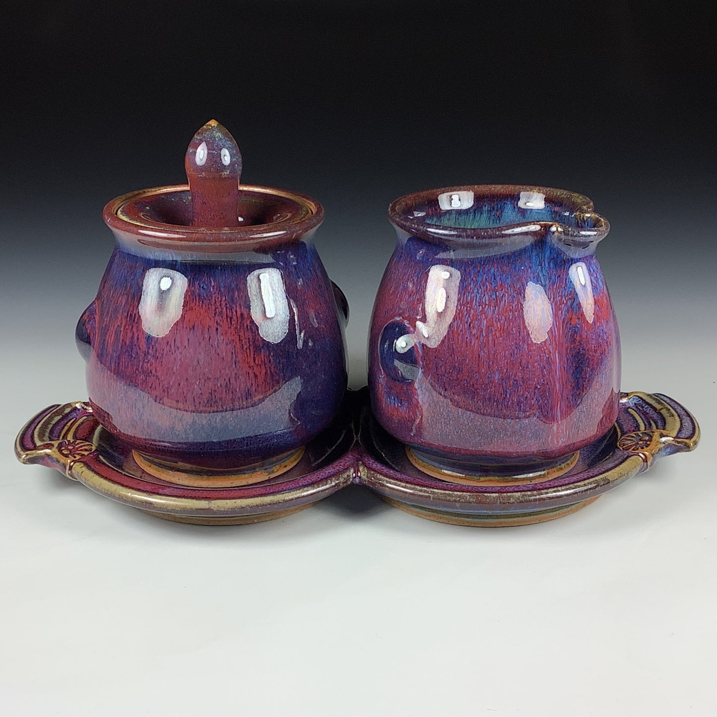 Handmade Stoneware pottery Cream & Sugar Set with Tray, Red Purple Bump Glaze - Item 4067