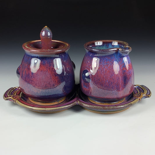 Handmade Stoneware pottery Cream & Sugar Set with Tray, Red Purple Bump Glaze - Item 4067